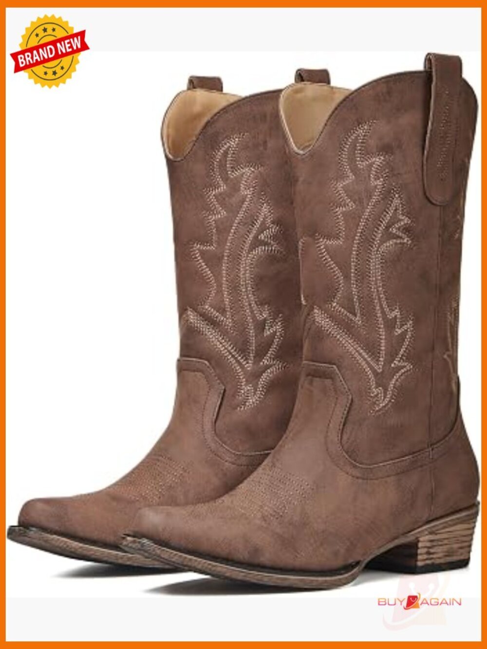 Embroidered Cowgirl Boots with Chunky Heel, Pointed Toe, Mid-Calf